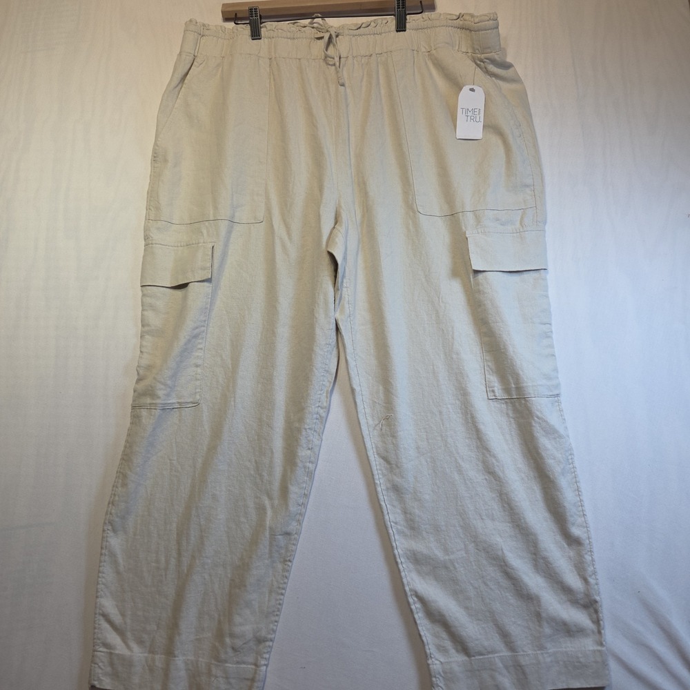 Time and Tru Women's Linen Blend Cargo Pants Beige Drawstring Pull On XXXL 22 NW